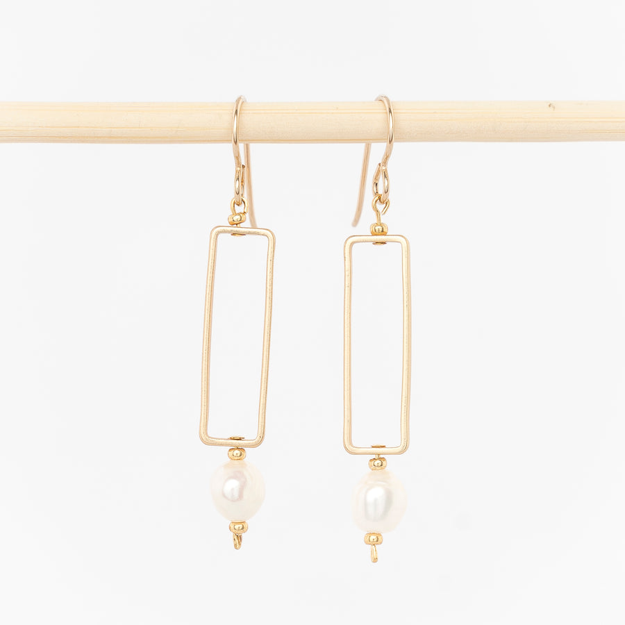 gold rectangle and pearl earrings