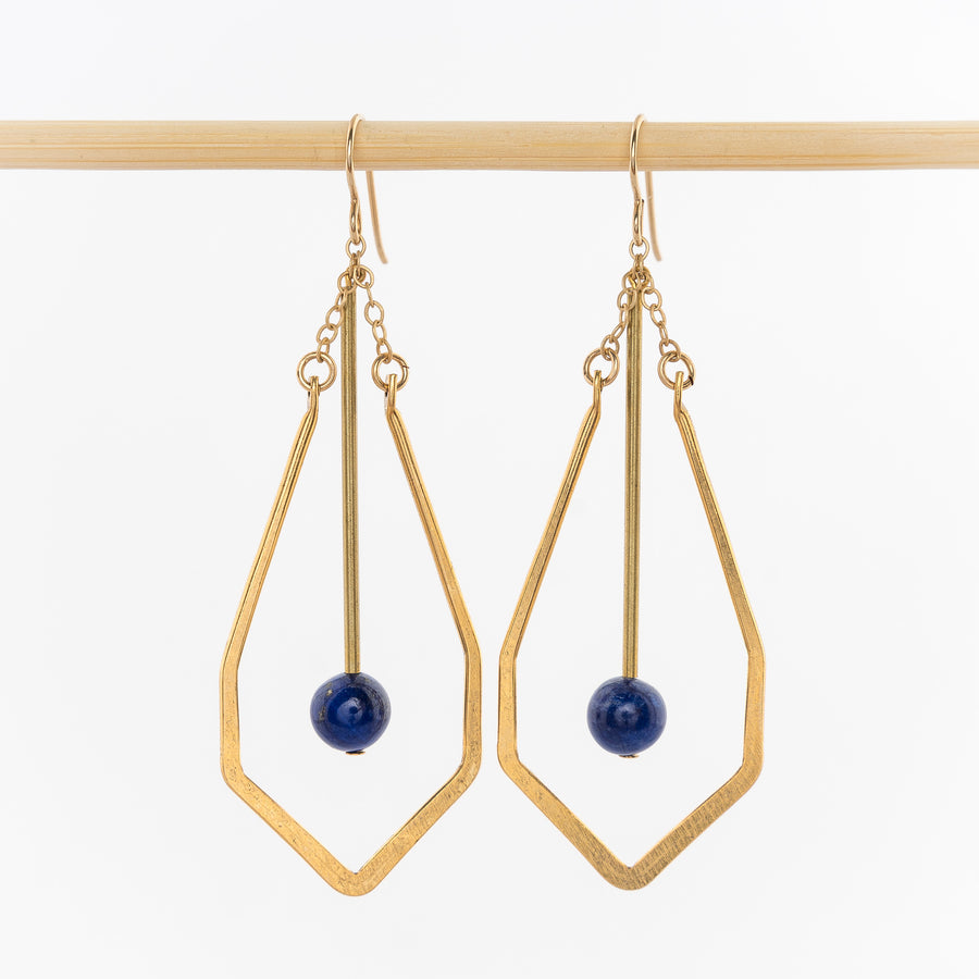 geometric drop earrings - dangles - matte brass wire - 14k gold earrings backs - lapis stone - On the Nile Collection