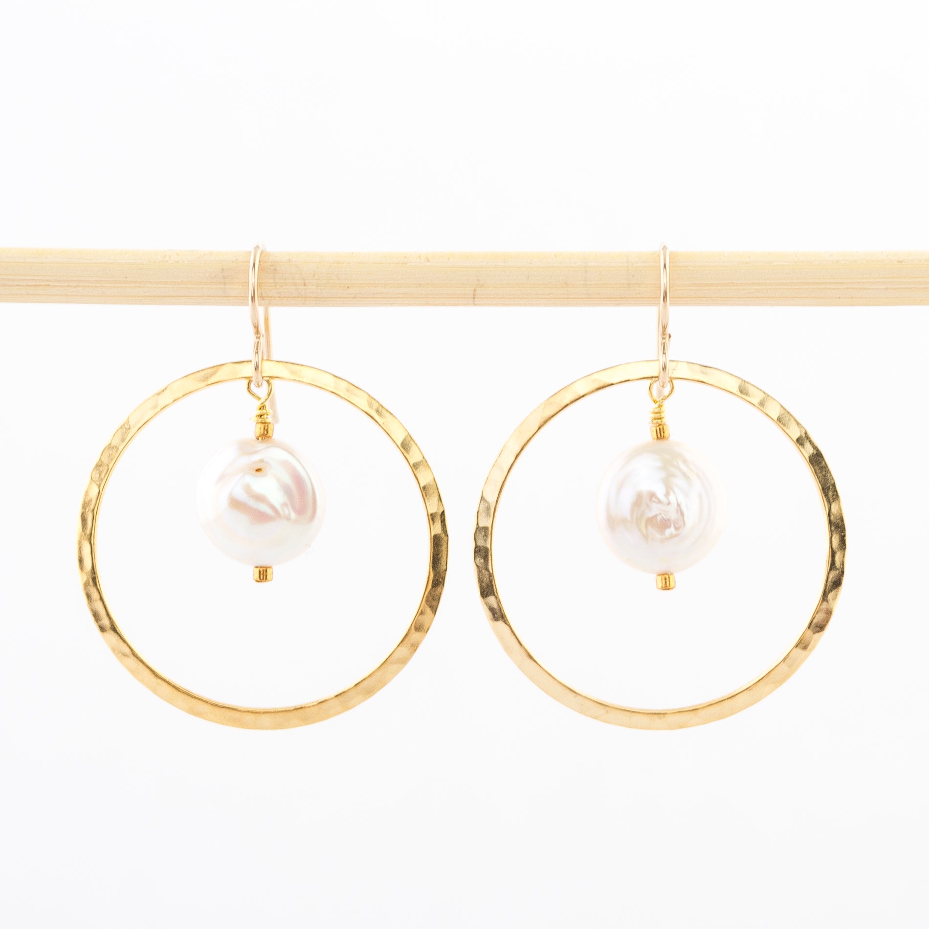 gold hoops and pearls - dangle earrings - hammered metal - wire backs - handmade in Maine