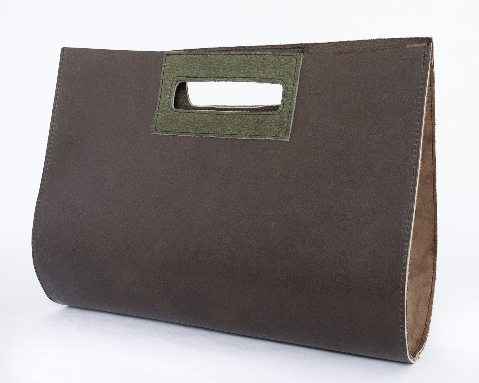 the teardrop bag in moss - front view - brown leather - purse