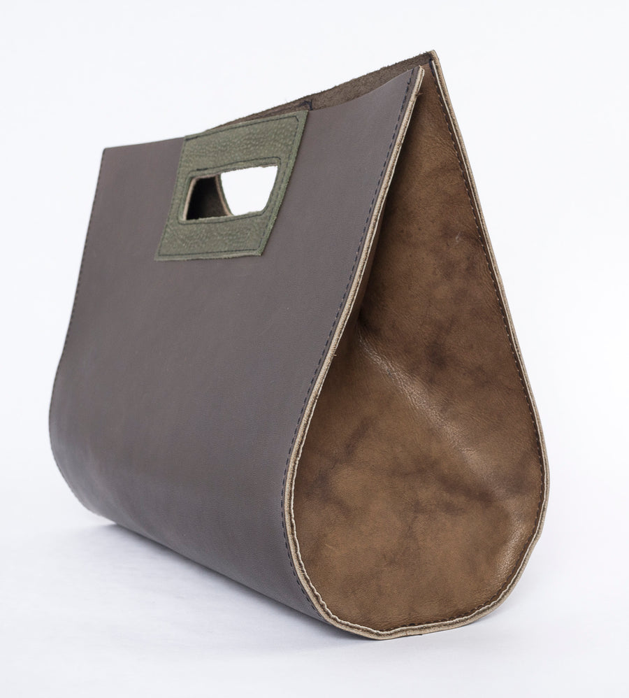 Wood.Stone.Bone. teardrop bag - green moss - sideview - leather handbag
