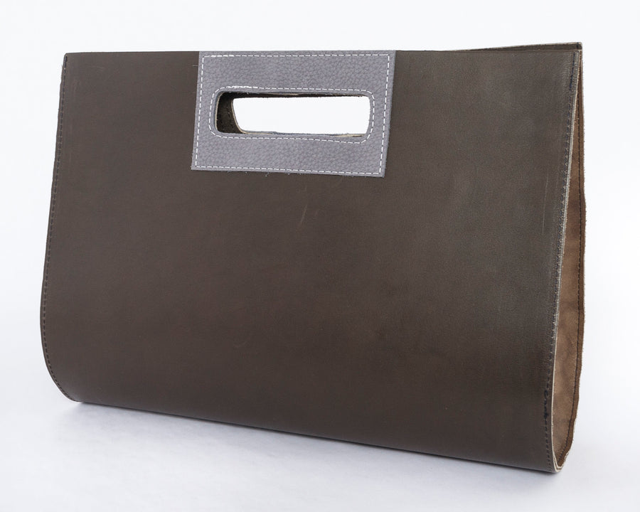 teardrop handbag - lavender - leather purse - brown - front view