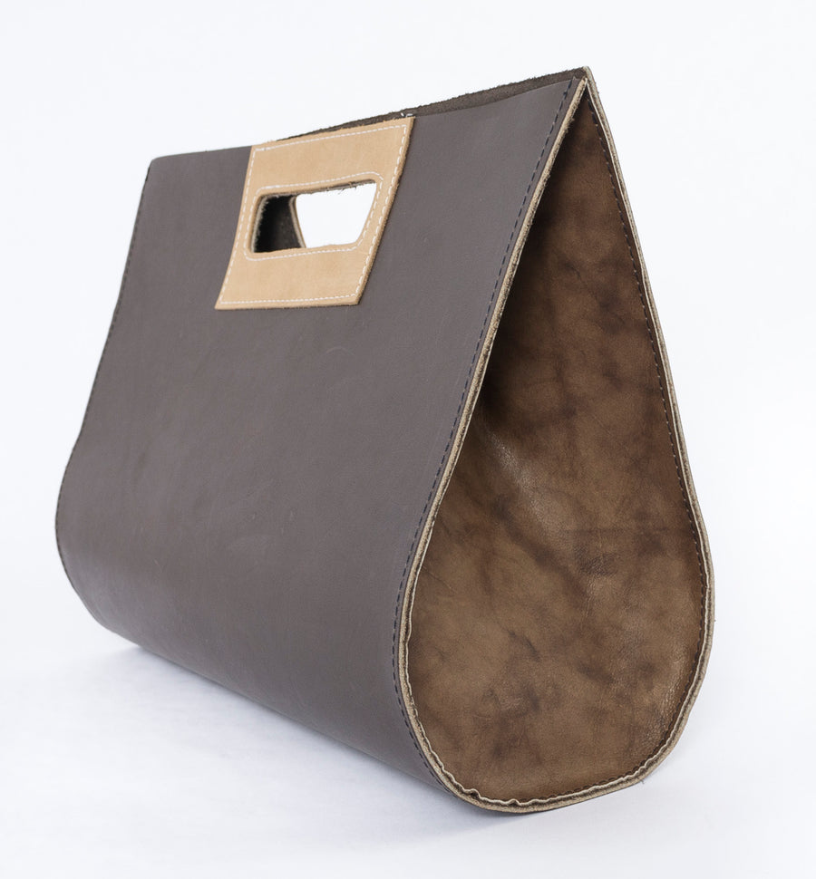 the teardrop leather bag in sand - sideview - purse - handmade in store - Wood.Stone.Bone.