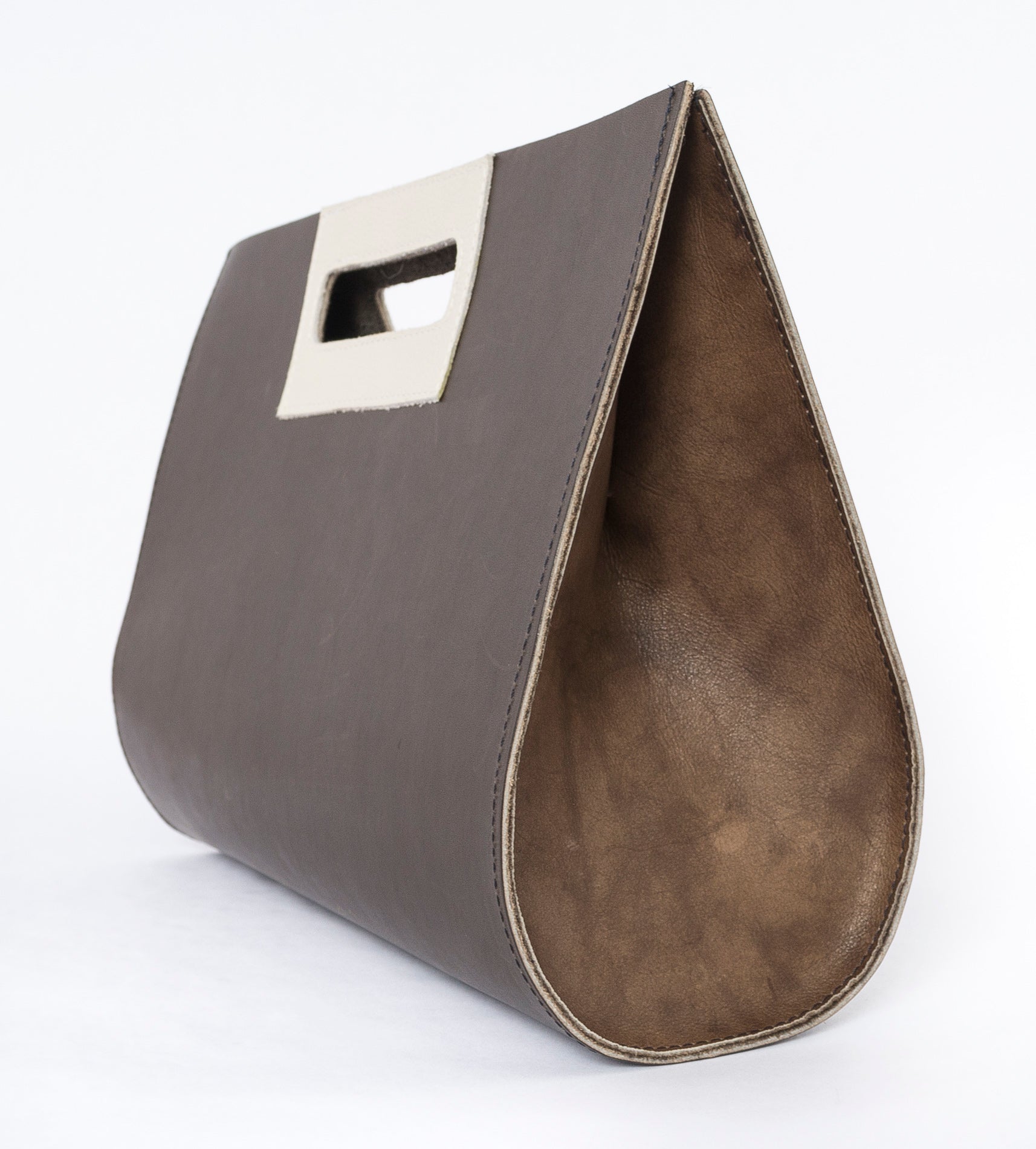 sideview of the leather medium teardrop bag - brown and white leather - women&#39;s fashion