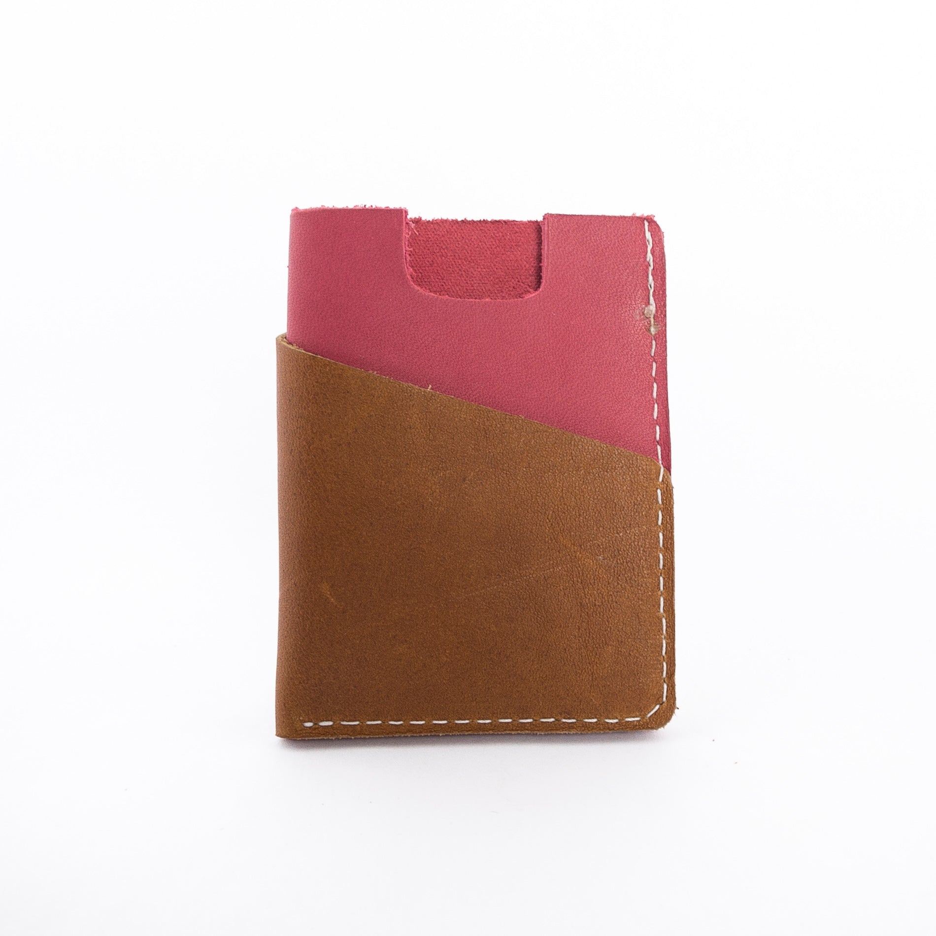 brown and red leather wallet - hand stitched in Maine - high quality