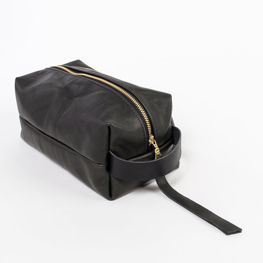 durable leather dopp kit in black - gold zipper - zipper pull - handmade in Maine - workshop item