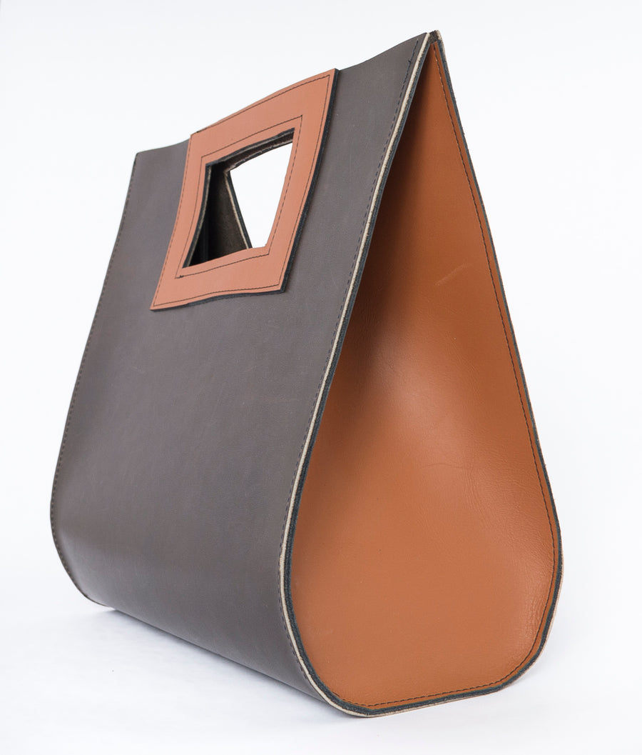 sideview - teardrop bag in cafe - brown leather - handbag - handmade - Wood.Stone.Bone