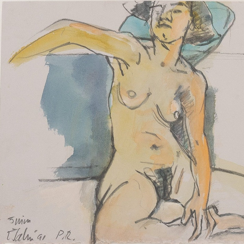 Watercolor and Sketch of reclining nude figuere by Maine Artist Elena Jahn
