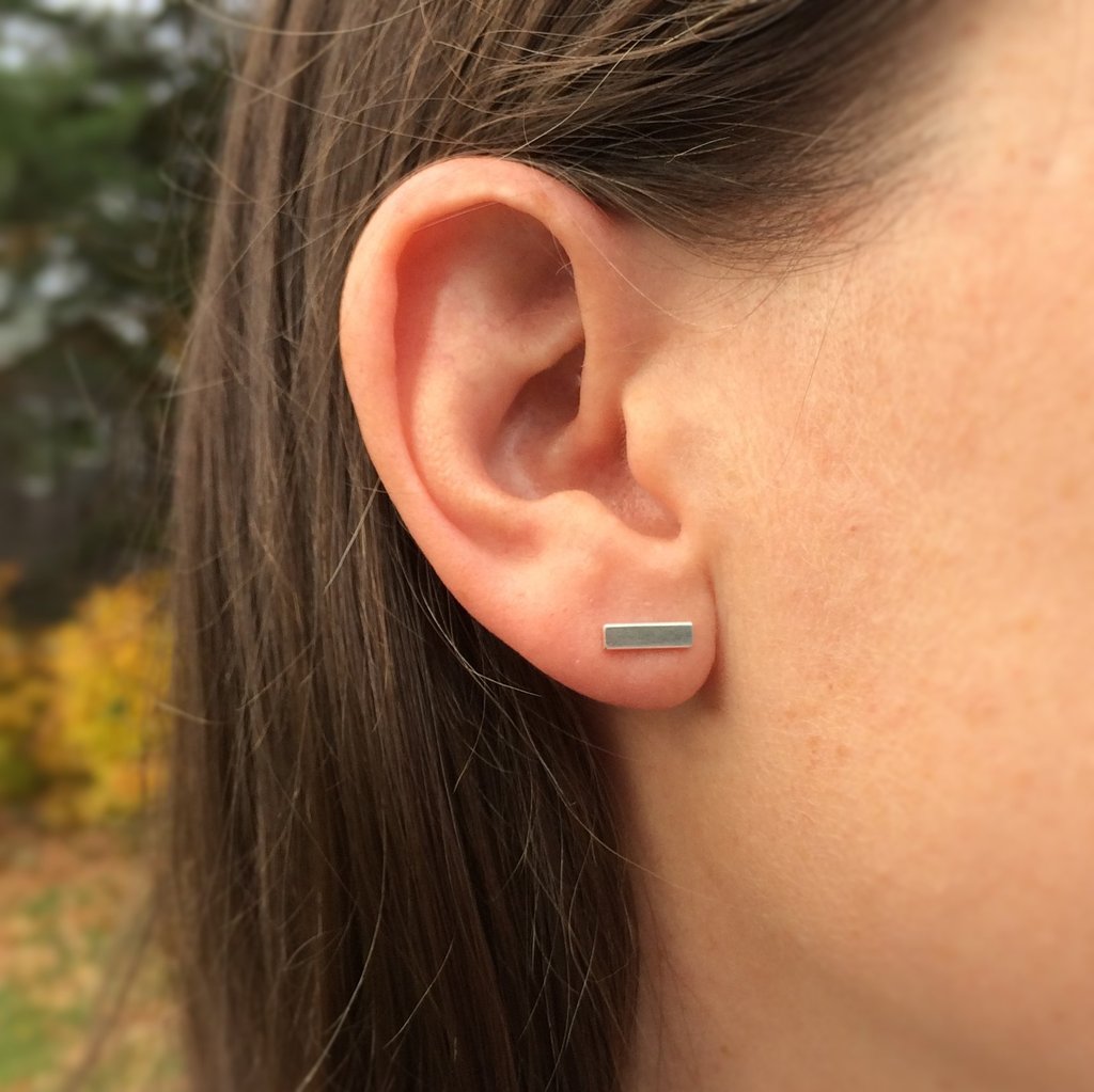 bar stud earrings on person - simple earrings - women&#39;s jewelry