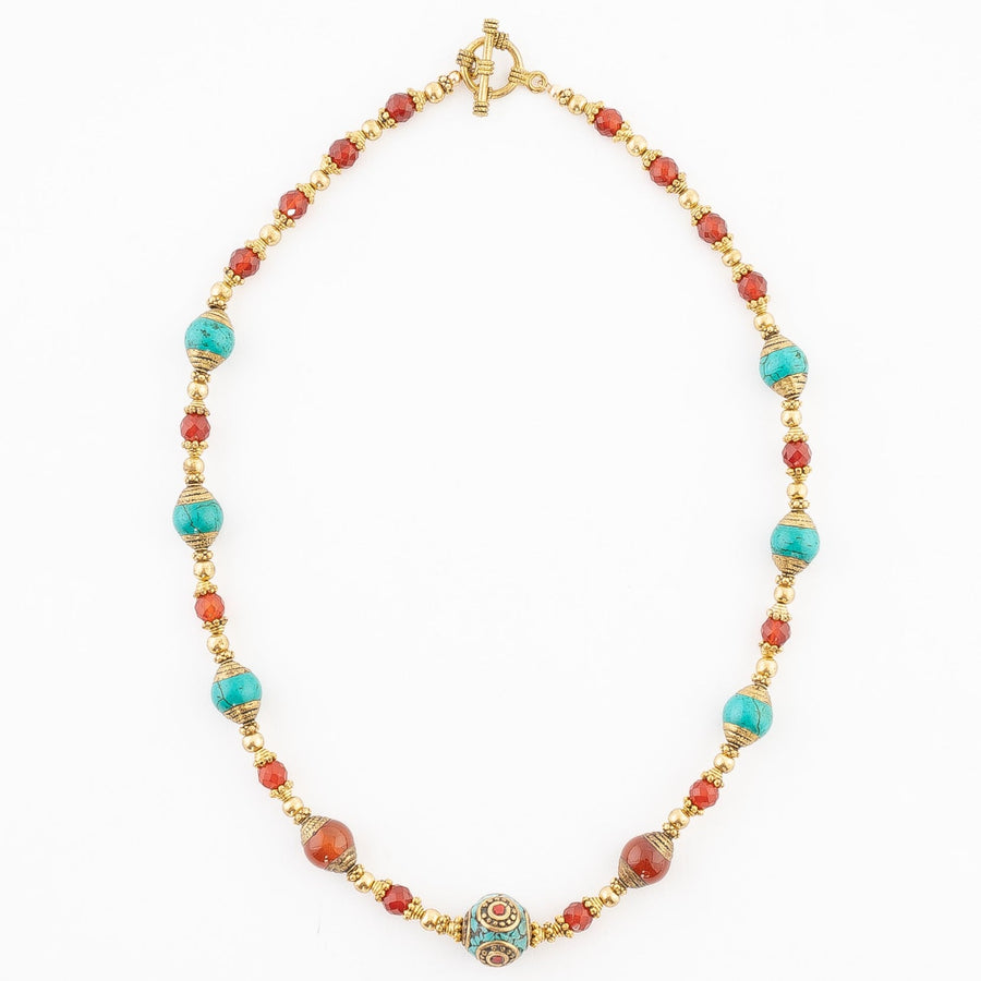 Tibetan Turquoise Carnelian and Brass Necklace