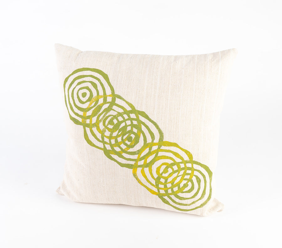 vintage french linen pillow in green - circle pattern - hand printed - home goods - home decor 
